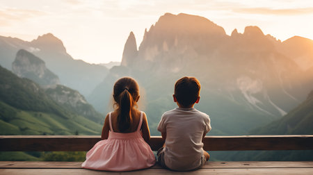 Couple sitting on a bench watching the sunrise in the mountains.の素材
