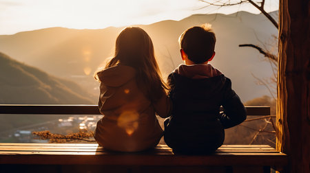 Couple sitting on a bench watching the sunrise in the mountains.の素材