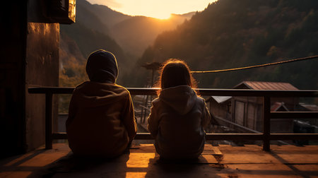 Beautiful young woman in a long dress on a terrace with a view of the mountains at sunsetの素材
