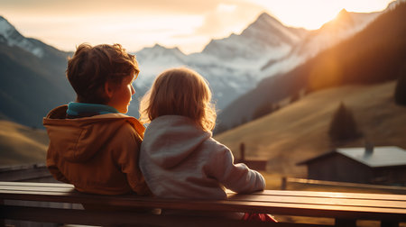 Couple sitting on a bench watching the sunrise in the mountains.の素材