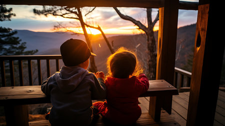 Little boy and girl sitting on the wooden terrace of a wooden house in the mountains at sunsetの素材