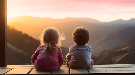 Beautiful young woman in a long dress on a terrace with a view of the mountains at sunsetの素材
