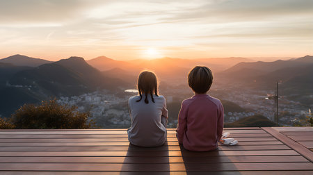 Beautiful young woman in a long dress on a terrace with a view of the mountains at sunsetの素材