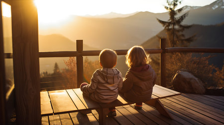 Beautiful young woman in a long dress on a terrace with a view of the mountains at sunsetの素材