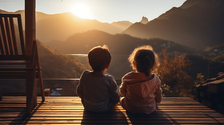 Couple sitting on a bench watching the sunrise in the mountains.の素材