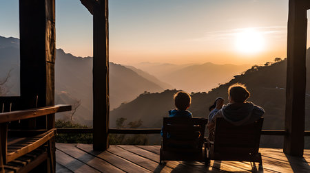 Silhouette of couple sitting on chair and looking at beautiful mountain view.の素材