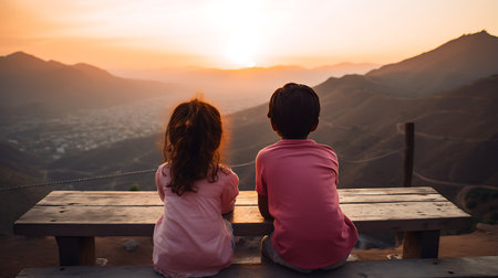 Couple sitting on a bench watching the sunrise in the mountains.の素材