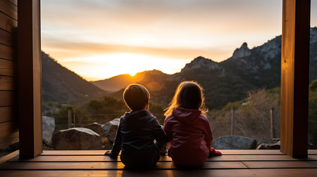 Couple sitting on a bench watching the sunrise in the mountains.の素材