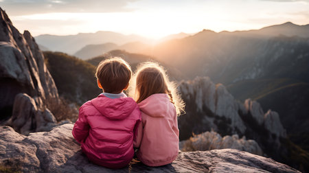 Two little girls sitting on top of a mountain looking at the sunsetの素材