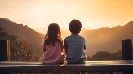 Couple sitting on a bench watching the sunrise in the mountains.の素材