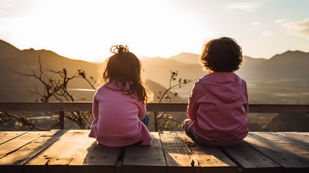 Couple sitting on a bench watching the sunrise in the mountains.の素材