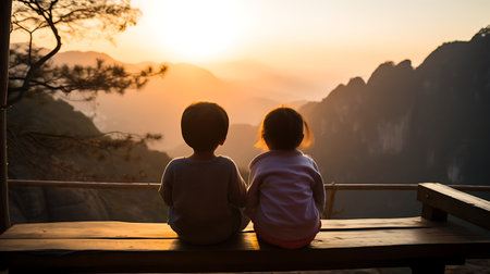 Couple sitting on a bench watching the sunrise in the mountains.の素材