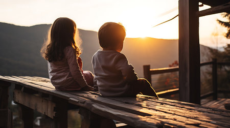 Couple sitting on a bench watching the sunrise in the mountains.の素材