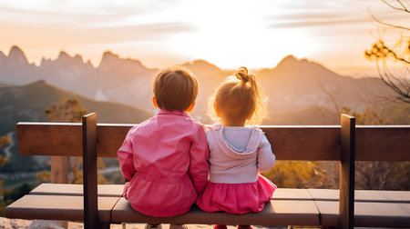 Couple sitting on a bench watching the sunrise in the mountains.の素材