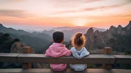 Couple sitting on a bench watching the sunrise in the mountains.の素材