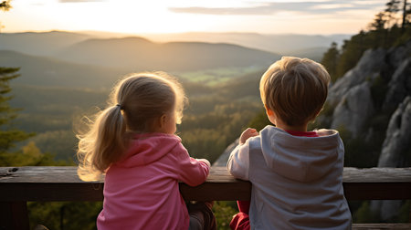 Couple sitting on a bench watching the sunrise in the mountains.の素材