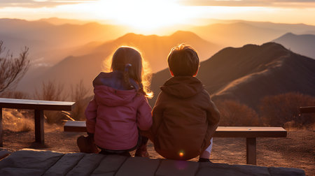 Two little girls sitting on a bench and watching the sunset in the mountainsの素材