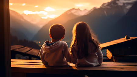 Little boy and girl sitting at the table and looking at the sunsetの素材