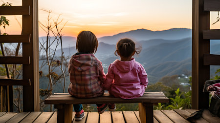 Couple sitting on a bench watching the sunrise in the mountains.の素材