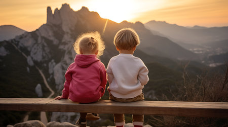 two little girls watching the sunset on the top of the mountain.の素材