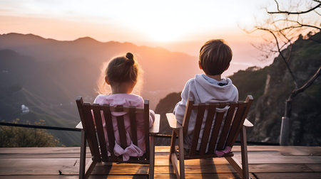Beautiful young woman in a long dress on a terrace with a view of the mountains at sunsetの素材