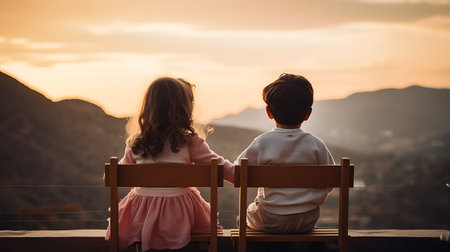 Couple sitting on a bench watching the sunrise in the mountains.の素材