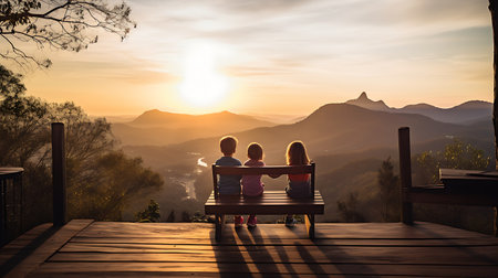 Couple sitting on a bench watching the sunrise in the mountains.の素材