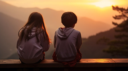 Couple sitting on a bench watching the sunrise in the mountains.の素材