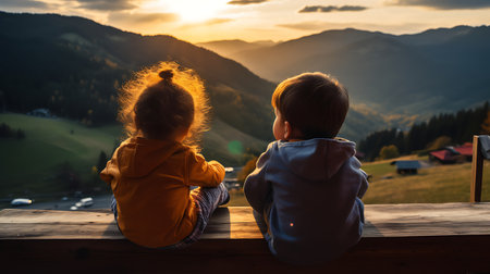 Beautiful young woman in a long dress on a terrace with a view of the mountains at sunsetの素材