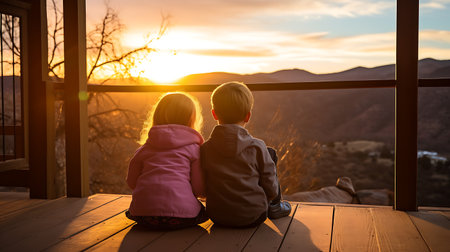 Two little girls sitting on the terrace with a view of the sunsetの素材