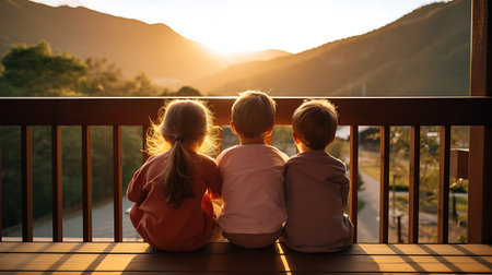 Beautiful young woman in a long dress on a terrace with a view of the mountains at sunsetの素材