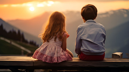Couple sitting on a bench watching the sunrise in the mountains.の素材