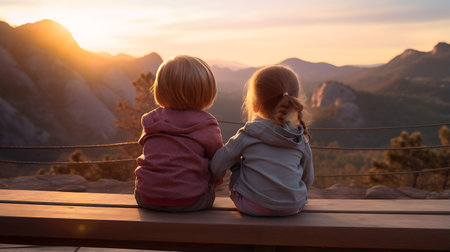 Two little girls sitting on the edge of a cliff and looking at the sunsetの素材