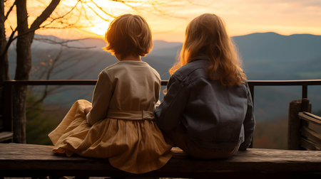 Couple sitting on a bench watching the sunrise in the mountains.の素材