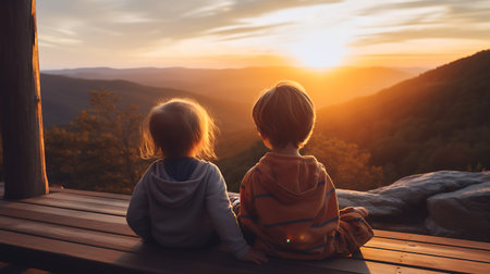 Couple sitting on a bench watching the sunrise in the mountains.の素材