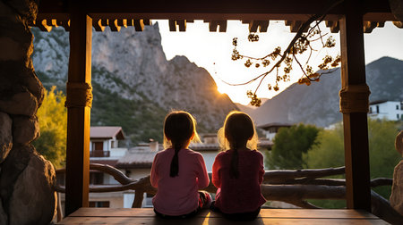 Couple sitting on a bench watching the sunrise in the mountains.の素材