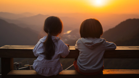 Couple sitting on a bench watching the sunrise in the mountains.の素材