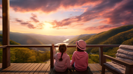 Two little girls sitting on the balcony and looking at beautiful landscape.の素材