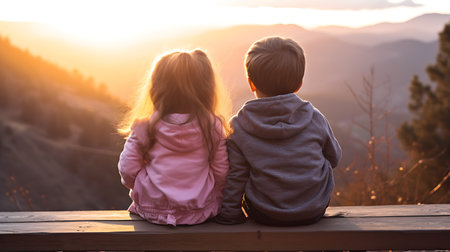 Couple sitting on a bench watching the sunrise in the mountains.の素材