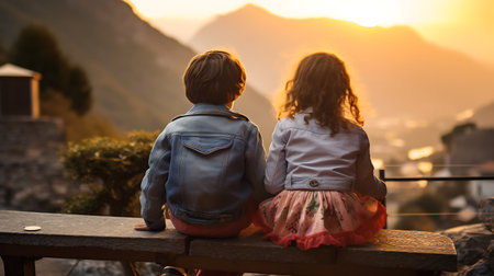 Couple sitting on a bench watching the sunrise in the mountains.の素材