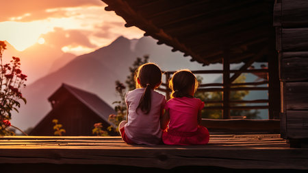Back view of two little girls sitting in front of a hut at sunsetの素材