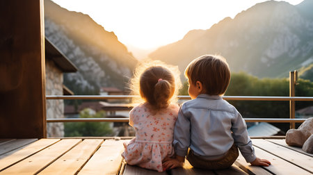 Couple sitting on a bench watching the sunrise in the mountains.の素材