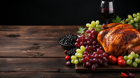 Thanksgiving dinner with roasted turkey, apples, cranberries and nuts on wooden backgroundの素材