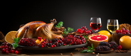 Thanksgiving dinner with roasted turkey, apples, cranberries and nuts on wooden backgroundの素材