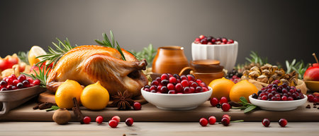 Thanksgiving dinner. Roasted turkey or chicken with cranberries, apples, grapes and spices on rustic wooden background. Top view with copy spaceの素材