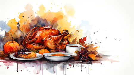 Thanksgiving dinner. Roasted turkey or chicken with cranberries, apples, grapes and spices on rustic wooden background. Top view with copy spaceの素材