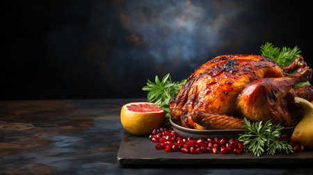Thanksgiving dinner with roasted turkey, apples, cranberries and nuts on wooden backgroundの素材