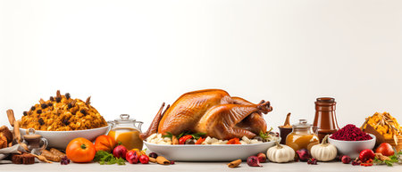 Thanksgiving dinner. Roasted turkey or chicken with cranberries, apples, grapes and spices on rustic wooden background. Top view with copy spaceの素材
