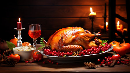 Thanksgiving dinner. Roasted turkey or chicken with cranberries, apples, grapes and spices on rustic wooden background. Top view with copy spaceの素材