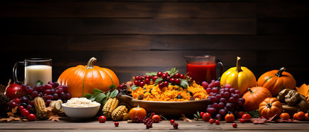 Thanksgiving dinner. Roasted turkey or chicken with cranberries, apples, grapes and spices on rustic wooden background. Top view with copy spaceの素材
